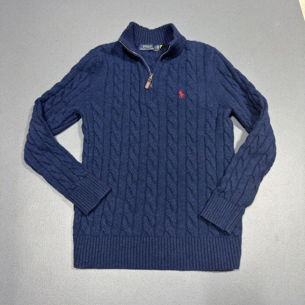Polo Ralph Lauren Mens XL Cable Knit Sweater 1/4 Zip Cotton Navy Red Pony Logo